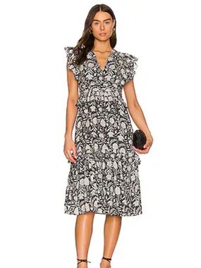 Cleobella Black Floral Midi Dress with Ruffle Sleeves